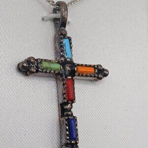 Sterling Siver Cross and Necklace with Genuine Gemstones 925